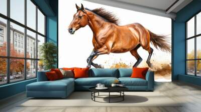 Watercolor illustration of a majestic horse galloping through a field on a white background  Wall mural