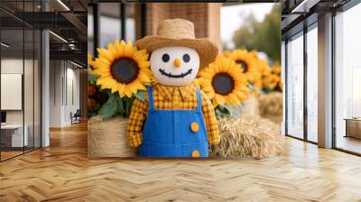 Whimsical Thanksgiving shop entrance with colorful scarecrows, bales of hay, and oversized sunflowers A playful, family-friendly vibe with rich orange and yellow tones  Wall mural