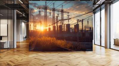 Wide-angle shot of an outdoor power transformer station working at full capacity during peak summer heat  Wall mural