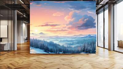 Winter landscape wallpaper with pine forest covered with snow and scenic sky at sunset, watercolor  Wall mural