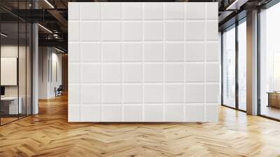 White ceramic squares with white filler on bathroom wall. Background. Wall mural