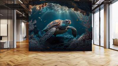 Sea Turtle Portait Is Swimming Under Water With Coral Reef And Beautiful Sunbeams Shine Through The Water Surface - Generative AI Wall mural