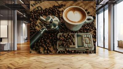 Coffee spoon, modern coffee scale,cup of coffee and coffee grinder on old table Wall mural