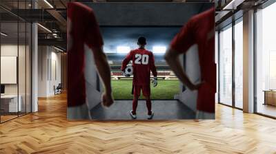 Soccer players team standing on stadium entrance Wall mural