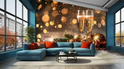 Two elegant champagne flutes sit amidst festive decorations and twinkling lights, creating a magical celebration. Happy New Year Wall mural