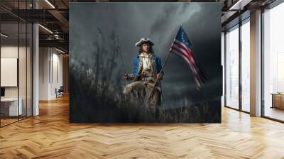 American revolution war soldier with flag of colonies and saber over dramatic landscape. 4 july independence day of USA concept photo composition: soldier and flag. Wall mural