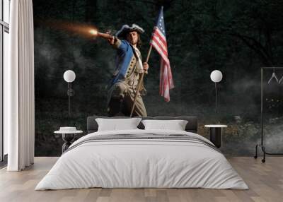 Man dressed as soldier of War of Independence United States aims from pistol with flag Wall mural