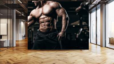 Muscular man bodybuilder training in gym and posing. Fit muscle guy workout with weights and barbell Wall mural