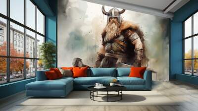 Sketch drawing in pencil and watercolor of Viking warrior with beard, in helmet with ax and shield. AI generated content Wall mural