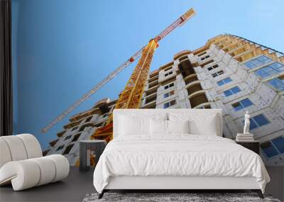 Construction site. High-rise multi-storey building under construction. Tower crane near building. Wall mural