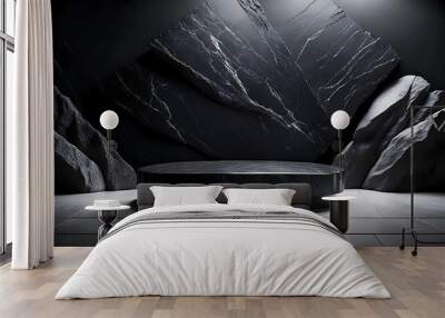  Black Podium with Stone Background Una piattaforma 3D scura su una scena astratta in studio_1(9) Wall mural