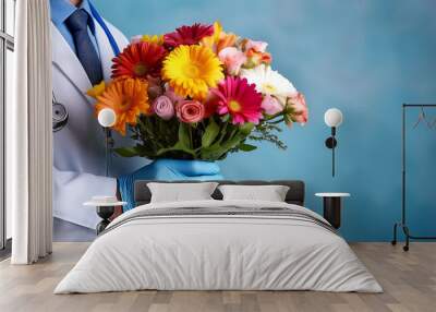  Doctor’s hand in a blue glove holding a colorful bouquet of flowers, symbolizing care and w_1(492) Wall mural