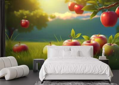  Organic apples in summer grass, creating a fresh and natural scene. _1(756) Wall mural