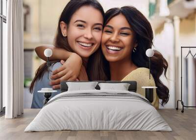  Two Young Women Hugging and Smiling- Two happy young women, one of diverse background, hugg_1(324) Wall mural