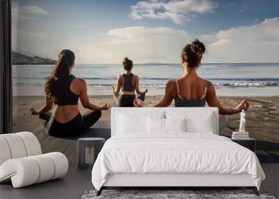 Firefly Group Meditation- People practicing yoga on the beach, focusing on relaxation and breathing  (1) Wall mural