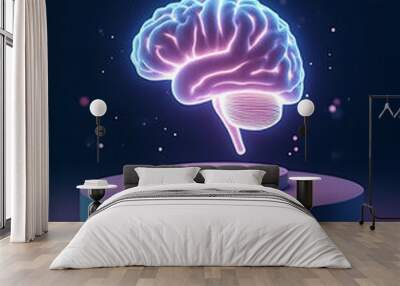 Glowing holographic AI brain icons on futuristic podiums ideal for tech and business concepts in photo stock. Wall mural