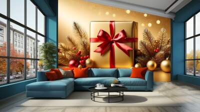 Golden gift box sits beautifully on a light gold background with festive decorations and re_1(331) Wall mural