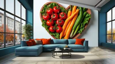 ol diet and healthy nutrition eating with clean fruits and vegetables in heart dish by nutritionist and doctor recommended for patient wellbeing Wall mural