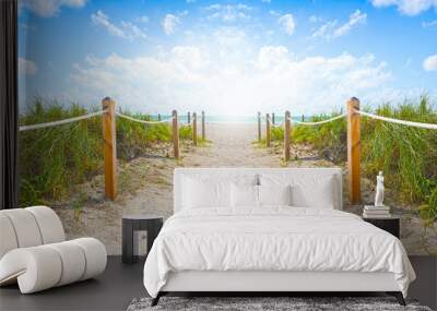 Path of sand going to the beach and ocean in Miami Beach Florida , on a beautiful summer morning with blue sky Wall mural