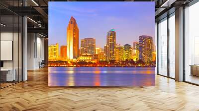 San Diego California, city skyline at sunset on a beautiful summer night with lighted skyscrapers and downtown buildings Wall mural