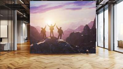 A team of three celebrates a luncheon on top of a mountain against a sunset. 3d rendering Wall mural