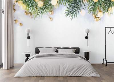 Closeup of Christmas tree with light, snow flake. Christmas and New Year holiday background. Wall mural