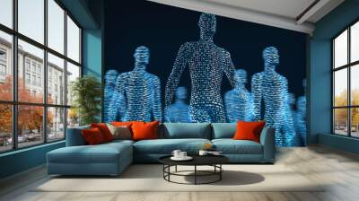 crowd of walking digital people. The concept of the symbiosis of man and technology. 3d rendering Wall mural