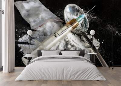 drug syringe and cooked heroin on spoon Wall mural