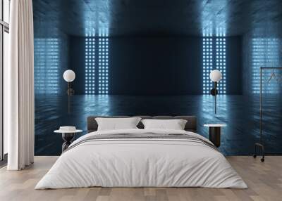 Futuristic empty dark room with light and reflection background. 3D rendering. Wall mural