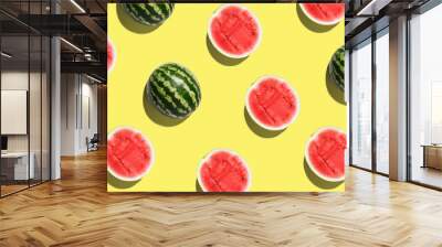 Pattern with ripe watermelon on yellow background. Pop art design, creative summer concept Wall mural