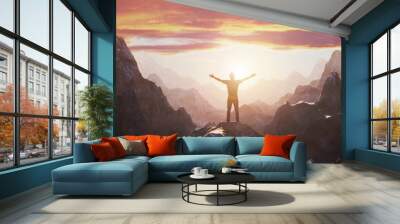 Silhouette of man on a peak of a mountain at sunset. 3d rendering Wall mural