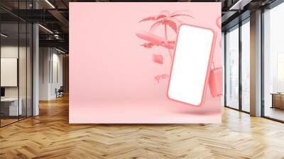 smartphone with travel objects on pink background. 3d rendering Wall mural