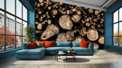 Texture of laid out round firewood Wall mural