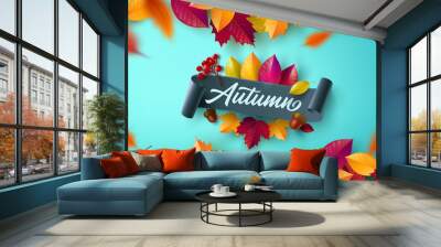 Autumn Poster and banner template with colorful maple,oak autumn leaves.Greetings and presents for Autumn season in flat lay styling.Promotion template for Autumn or fall concept Wall mural