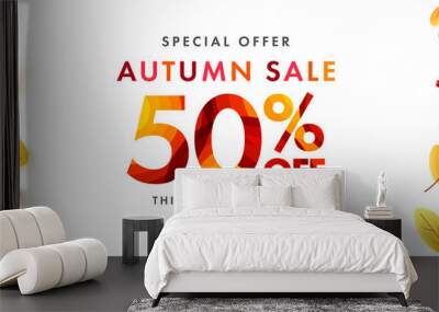 Autumn Sale poster or banner with autumn colorful leaves.Greetings and presents for Autumn season.Autumn Sales banner template design for social media and website.Special Offer 50% Off campaign. Wall mural