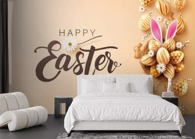 Easter poster and banner template with Golden easter eggs in the nest,cute bunny ears.Greetings and presents for Easter Day in flat lay styling.Promotion and shopping template for Easter Wall mural