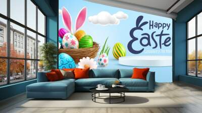 Easter poster or banner template with Cute Bunny,Easter eggs in the nest and white podium on blue background.Greetings and presents for Easter Day.Promotion and shopping template for Easter Wall mural