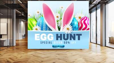 Easter Sale poster and banner template with Easter Eggs and flower on blue.Greetings and presents for Easter Day.Promotion and shopping template for Easter Day.Vector illustration EPS10 Wall mural