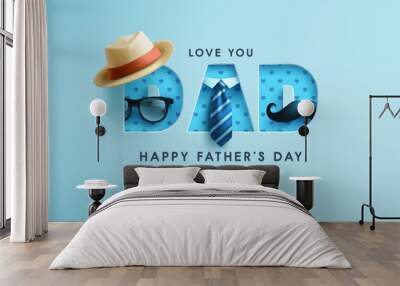 Father's Day poster or banner template with Hat,Glasses and cute moustache on blue background. Greetings and presents for Father's Day in flat lay styling. Promotion and shopping template for love dad Wall mural