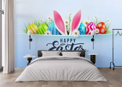 Happy Easter greeting card poster and template with Easter Eggs and flower on blue.Greetings and presents for Easter Day.Promotion and shopping template for Easter Day.Vector illustration EPS10 Wall mural