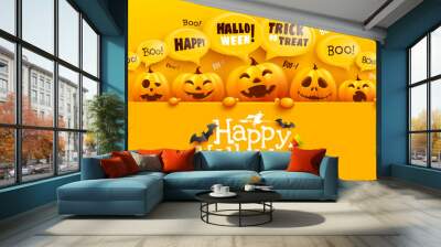 Happy Halloween poster and banner template with cute halloween pumpkin and yellow bubble message on top. Website spooky,Background or banner Halloween template. Wall mural