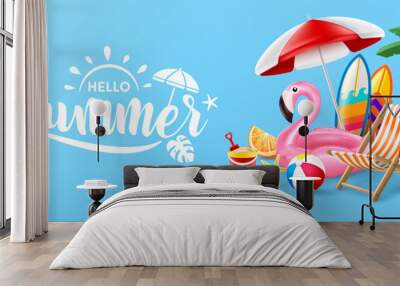 Hello Summer poster or banner template with Pink Flamingo Pool Float, Beach Chairs, Beach Umbrella,Surfboards and Summer element on blue background. Promotion and shopping template for Summer Wall mural