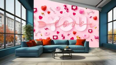 Love You Card or Banner with symbol of arrow love script over you word and valentine elements on pink background.Promotion and shopping template for love and Valentine's day in flat lay style. Wall mural