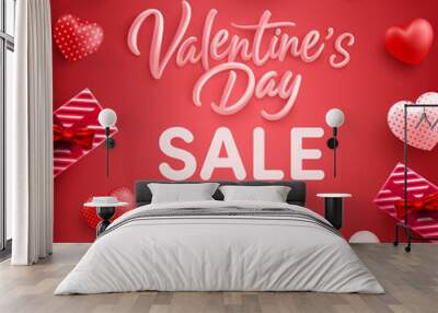 Valentine's Day Sale 50% off Poster or banner with many sweet hearts and gift box on red background.Promotion and shopping template or background for Love and Valentine's day concept. Wall mural