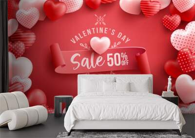 Valentine's Day Sale 50% off Poster or banner with many sweet hearts and on red background.Promotion and shopping template or background for Love and Valentine's day concept.Vector illustration eps 10 Wall mural