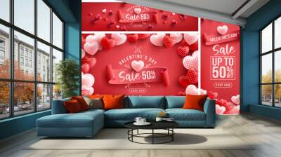 Valentine's Day Sale 50% off Poster or banner with many sweet hearts and sweet gifts on red background.Promotion and shopping template or background for Love and Valentine's day concept Wall mural