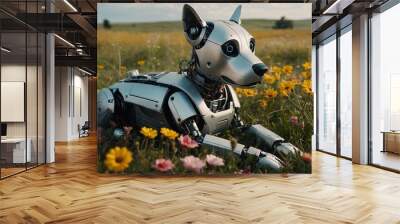 robot dog sitting on a flowering meadow full of flowers in spring Wall mural