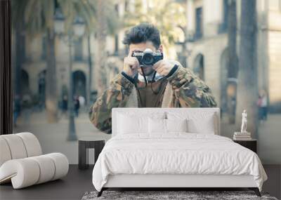 young man with an analog camera at Barcelona Wall mural