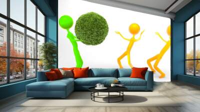 a man in green show a ball of moss to two men Wall mural