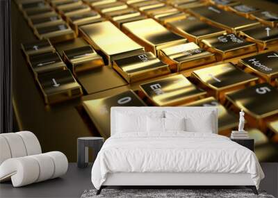 Close-up on a golden keyboard with black background, with depth of field Wall mural